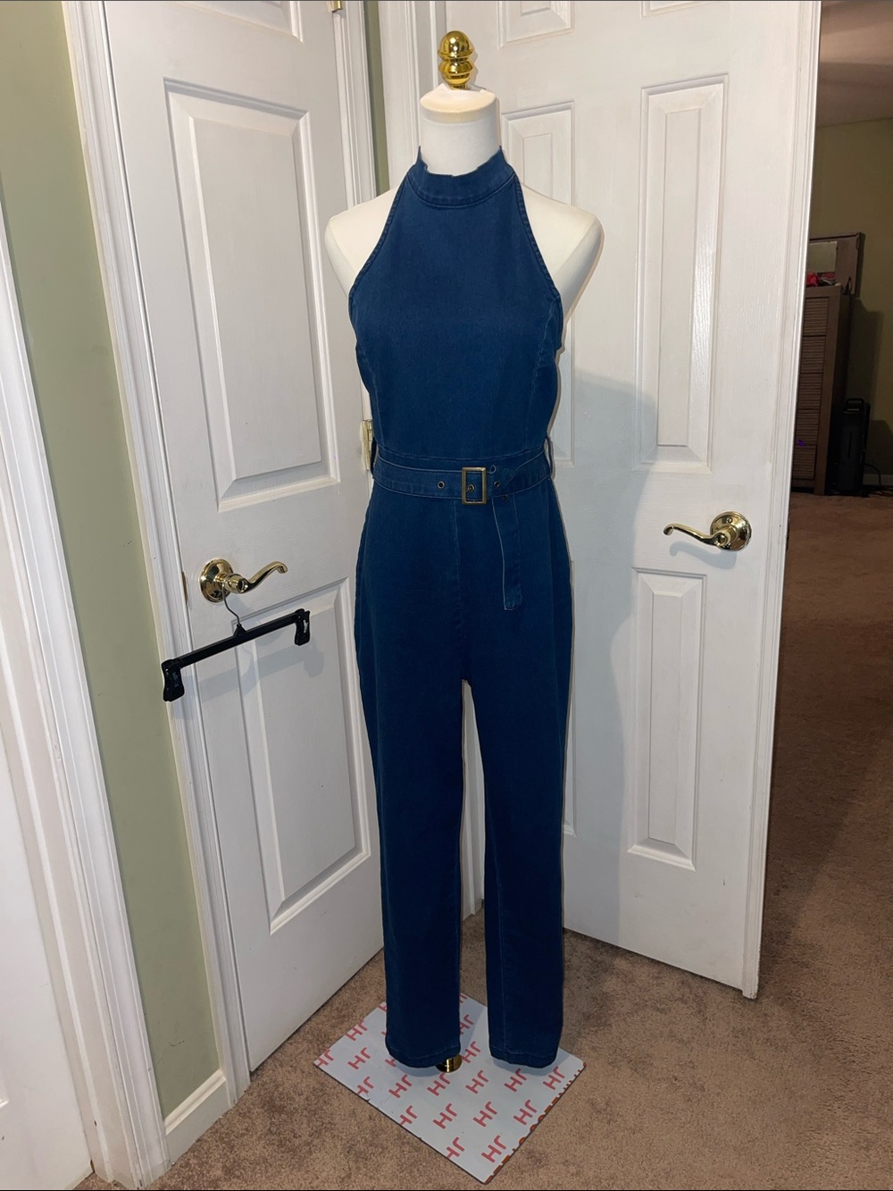 Navy Halter-Belted Wide-Leg Jumpsuit